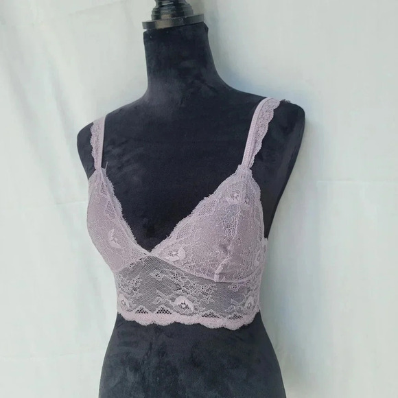 Soft Stretch Bralette Sz Medium Long Line Dusty Purple Lace Floral Wireless - Picture 1 of 8